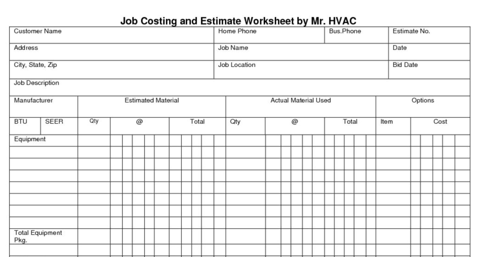 Job Costing and Estimate Worksheet Mr. HVAC Mastering HVAC Business